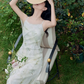 French style cool print suspender skirt gentle style waist slim green floral dress R2396