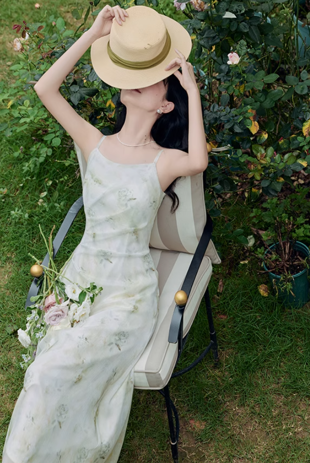 French style cool print suspender skirt gentle style waist slim green floral dress R2396