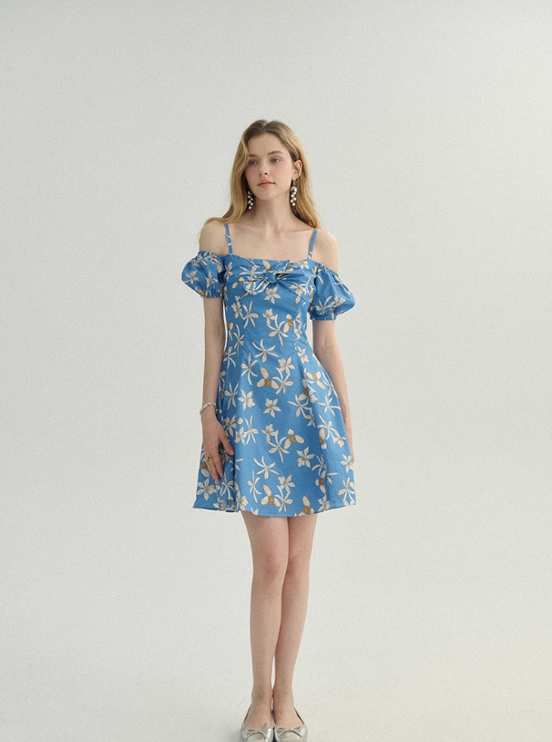 French floral skirt seaside holiday skirt fairy skirt blue short dress R2770