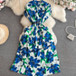 Beach vacation long dress gentle style short sleeves V-neck waist medium length A-line plaid dress R0358