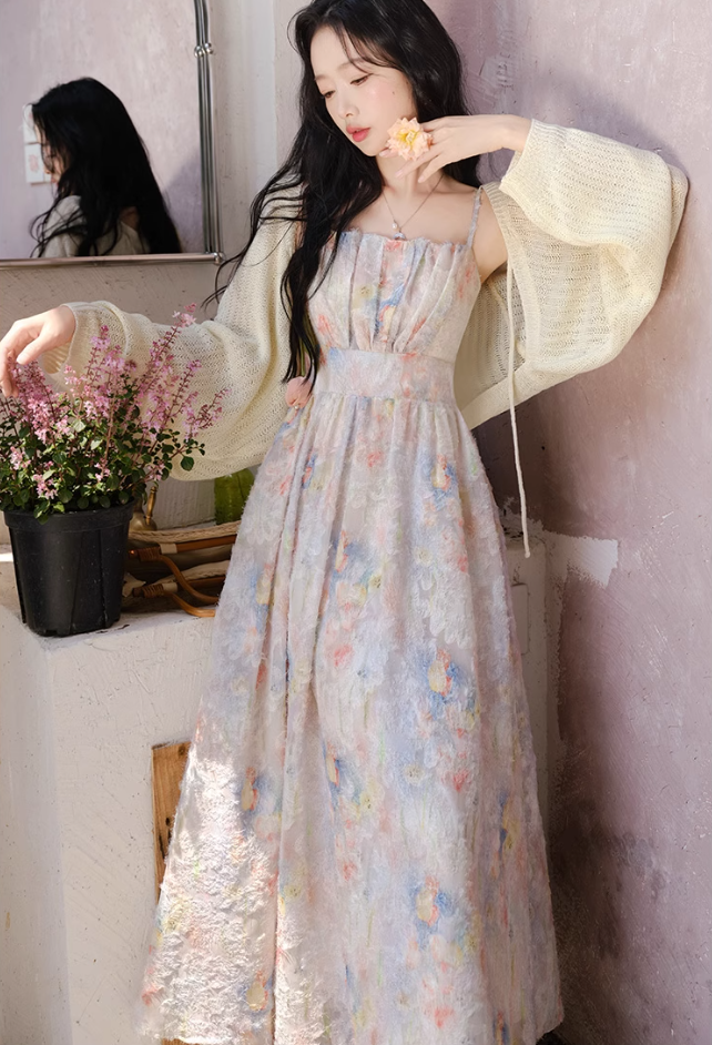 Summer small skirt French gentle style floral suspender dress plus cardigan two-piece set R2406