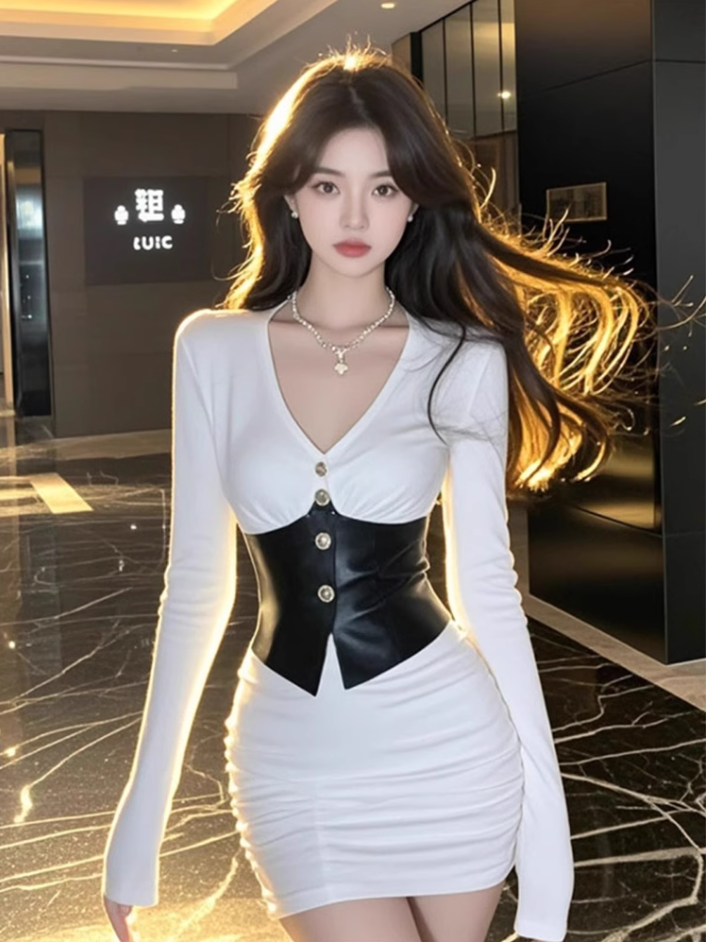 Royal sister style V-neck contrast color long-sleeved dress 2025 waist hip short skirt R1398