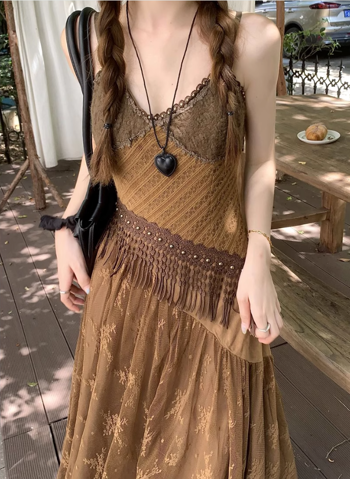 Fairy travel outfit retro ethnic style suspender long skirt v-neck dress R1741