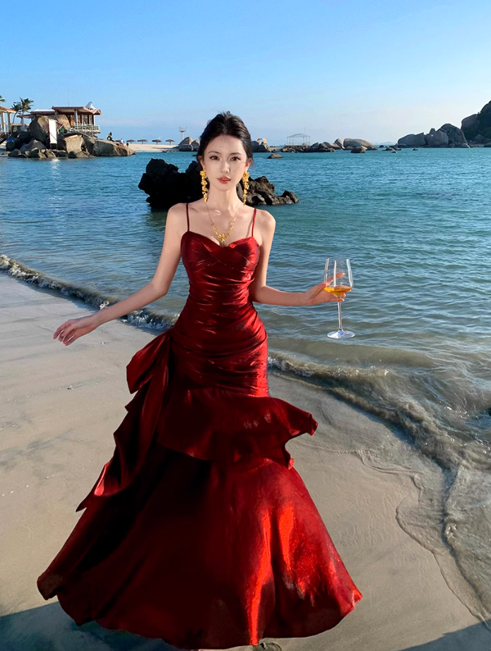 Fairy mermaid dress ruffled high-grade temperament red dress R1716