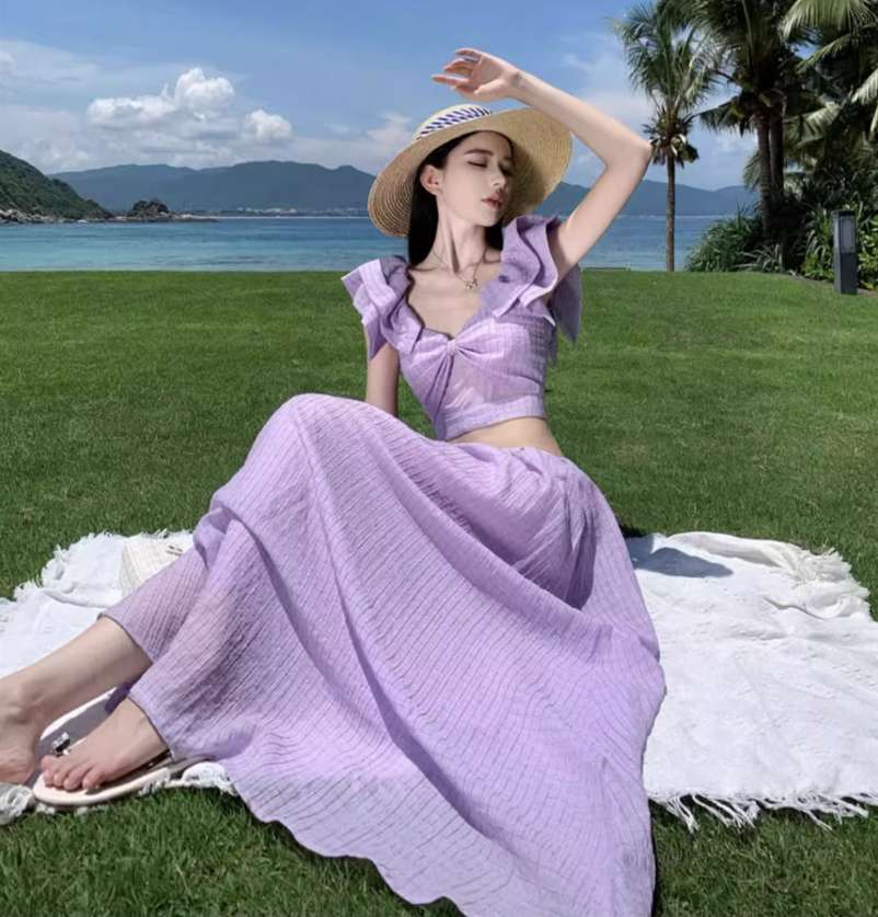 Super fairy long skirt with small flying sleeves white waist-baring dress holiday beach skirt R1607