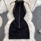 Black heavy ironing halter neck dress for women, slim fit, pure and sexy girl, short skirt R0384