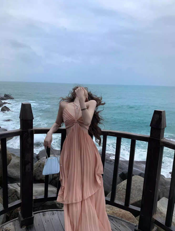 Travel photography clothes super fairy beach dress suspenders sexy backless dress R1575