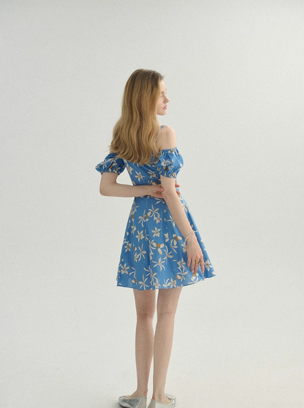 French floral skirt seaside holiday skirt fairy skirt blue short dress R2770