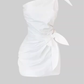French style white off-shoulder dress 2025 bow pleated tie waist skirt R1215