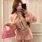 French sweet and spicy pink girly Chanel style suit cardigan high waist skirt pants two-piece set R1823