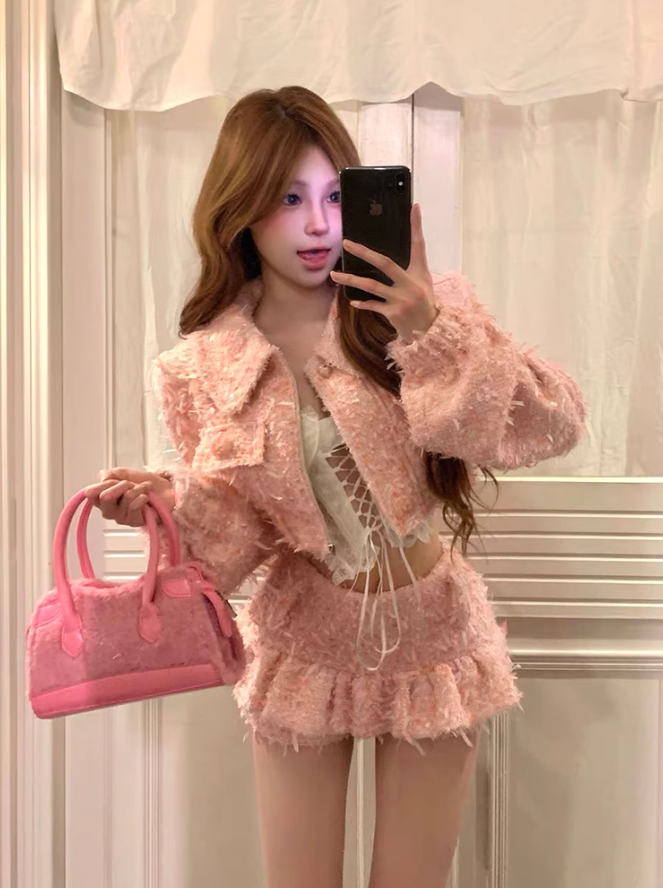 French sweet and spicy pink girly Chanel style suit cardigan high waist skirt pants two-piece set R1823