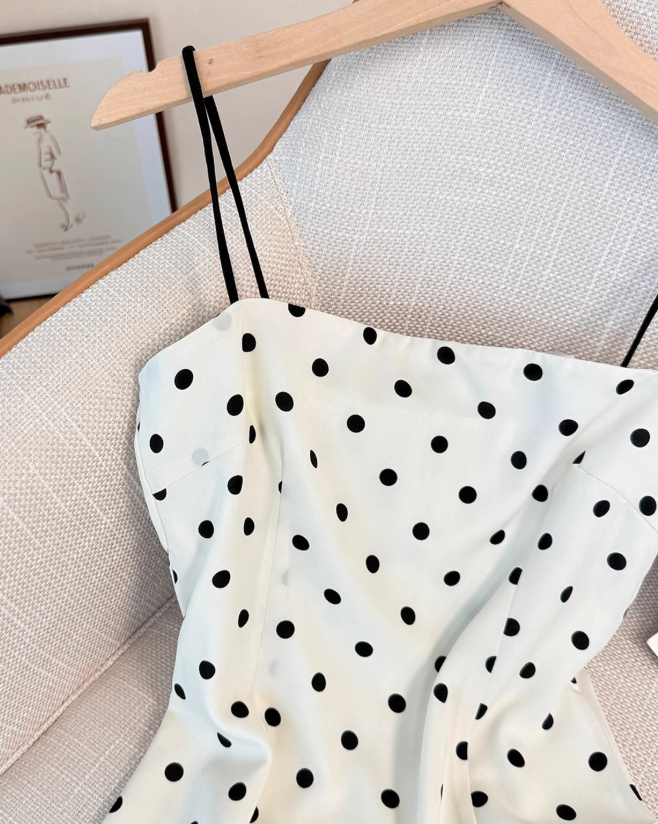 French polka dot suspender dress for women summer new waist slimming short hip skirt R3954