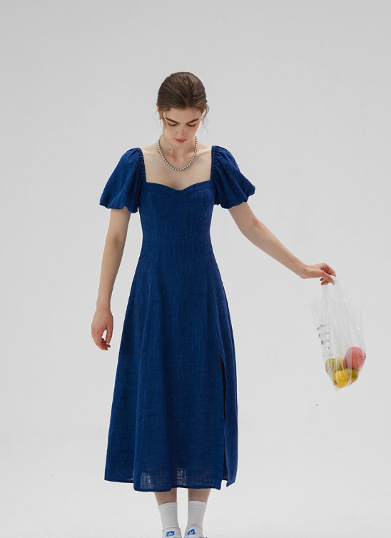 Blue French dress puff sleeves skirt retro style small square collar tea break long dress female summer R3456