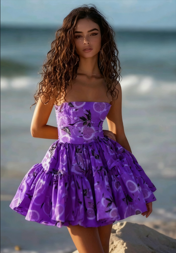 Retro Yellow Floral Tube Top Waist Puffy Skirt Homecoming Dress R3178