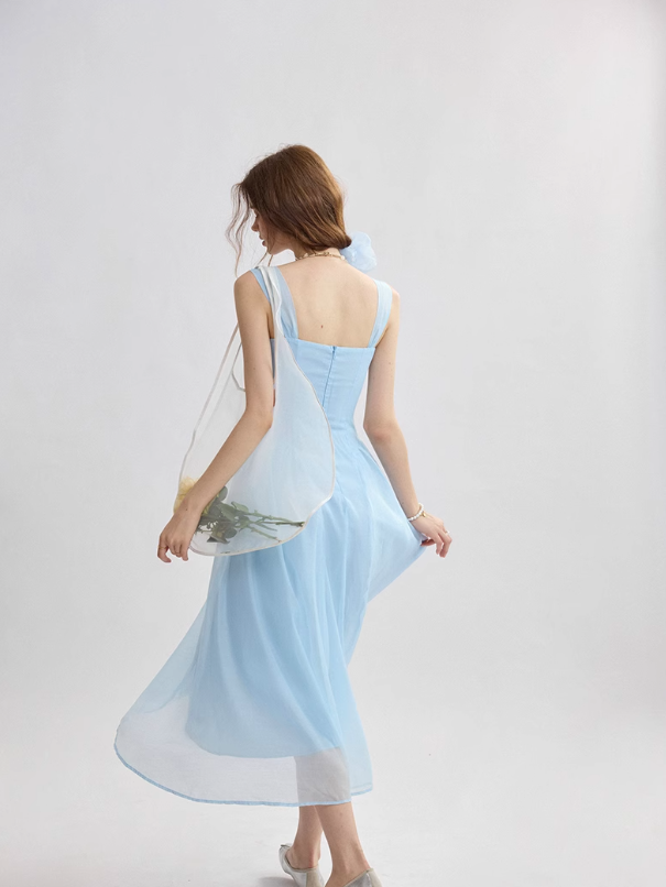 French suspender skirt blue dress sweet style long skirt R2693