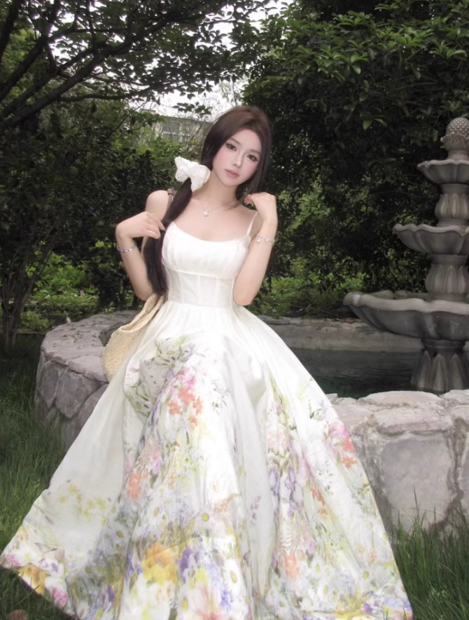 Platycodon temperament floral suspender skirt super beautiful waist dress R0701