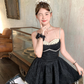Black mid-length waist a-line suspender dress summer French retro skirt R4909