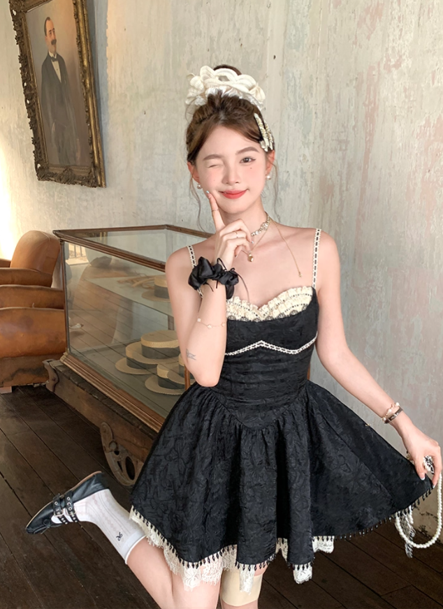 Black mid-length waist a-line suspender dress summer French retro skirt R4909