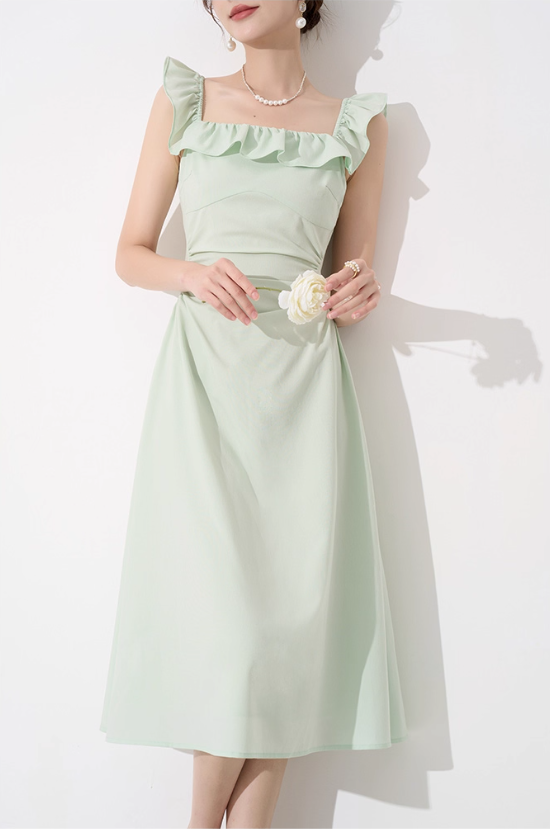 Niche design dress new summer high-end mid-length French temperament sleeveless square neck skirt R4259