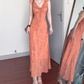 Floral suspender skirt niche design flying sleeves v-neck waist beautiful dress R0775