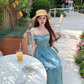 Blue long waist A-line suspender dress women's summer French temperament skirt R4870