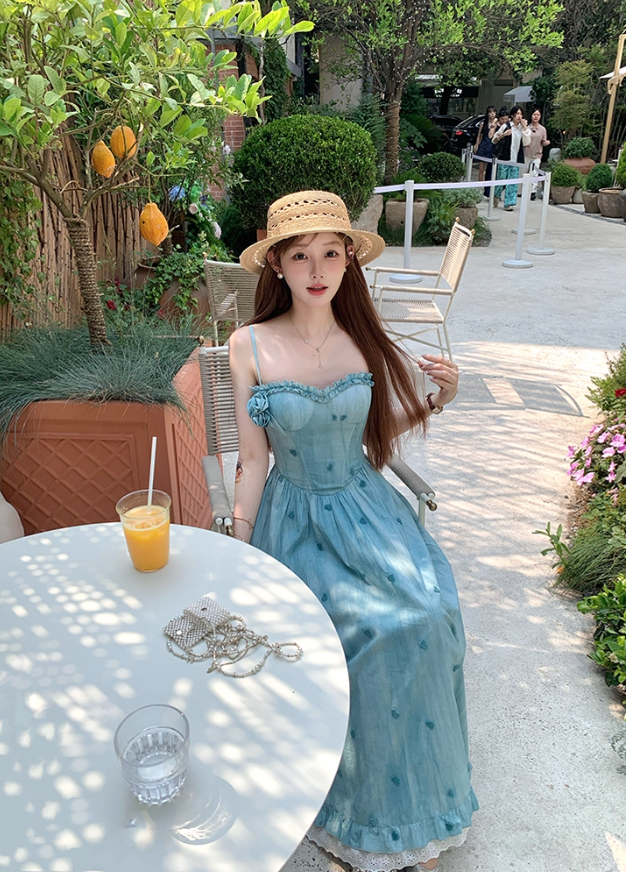 Blue long waist A-line suspender dress women's summer French temperament skirt R4870