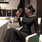 Hepburn style French black annual meeting dress high-end niche heavy backless dress R1815