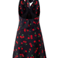 2025 Summer New Halter Backless Black Cherry V-Neck Retro Short Dress R0942