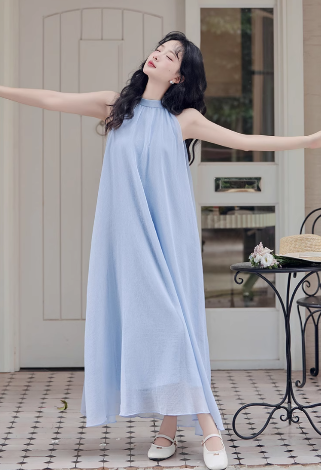 French blue halter neck dress new style holiday style waist beautiful fairy dress R2402