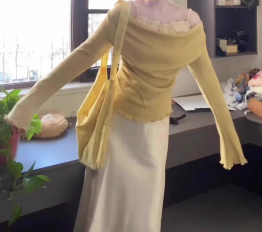 A complete set of outfits yellow one-shoulder top hip skirt 2025 two-piece suit R0768