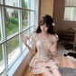 Pure desire style one shoulder halter neck short waist top 2025 sweet cake skirt suit R1243