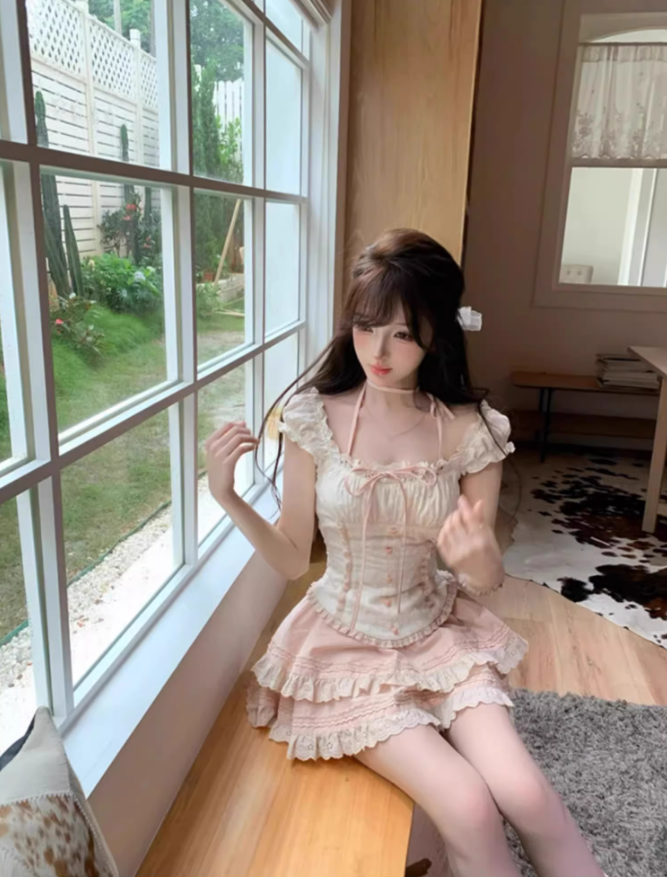 Pure desire style one shoulder halter neck short waist top 2025 sweet cake skirt suit R1243