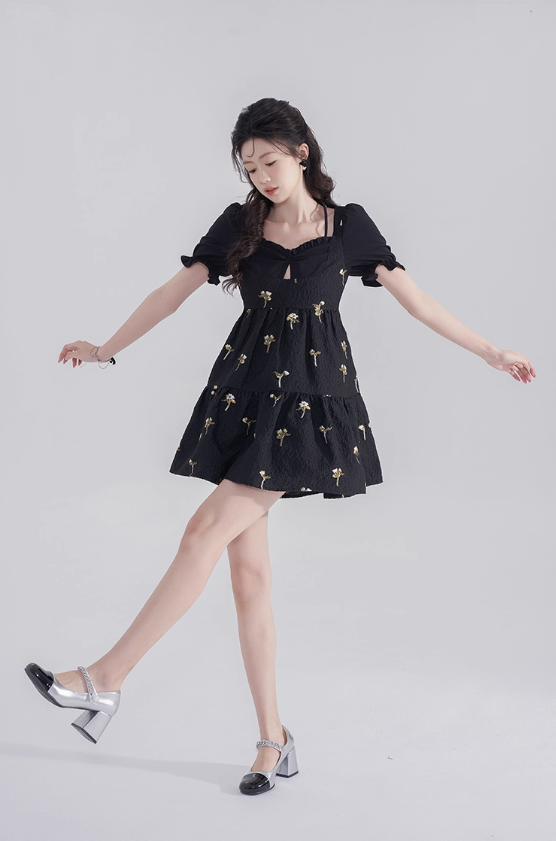 Black hollow high-end short skirt sweet jacquard baby doll skirt summer back bow dress for women R4114
