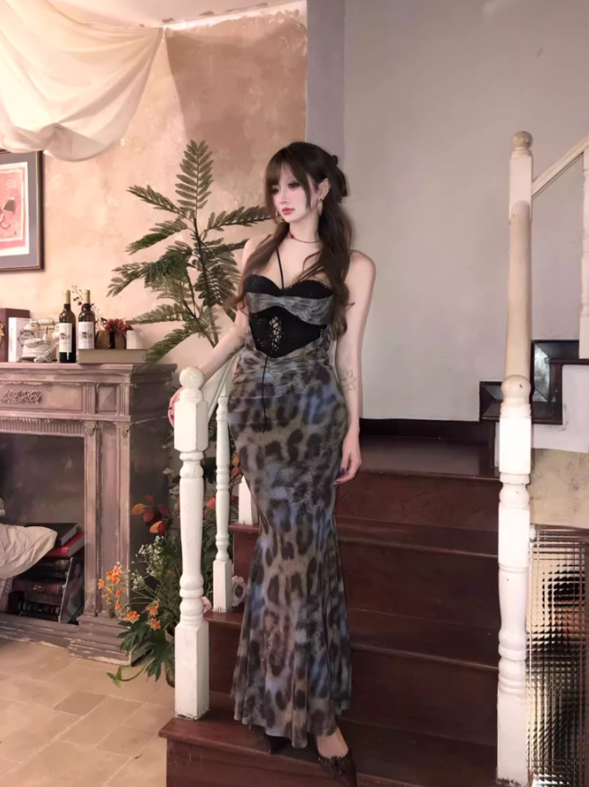 Sexy hot girl lace suspender dress 2025 leopard print waist hip fishtail skirt R1198