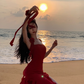 Red suspender dress high-grade irregular chiffon red rose ruffle seaside holiday dress R1470