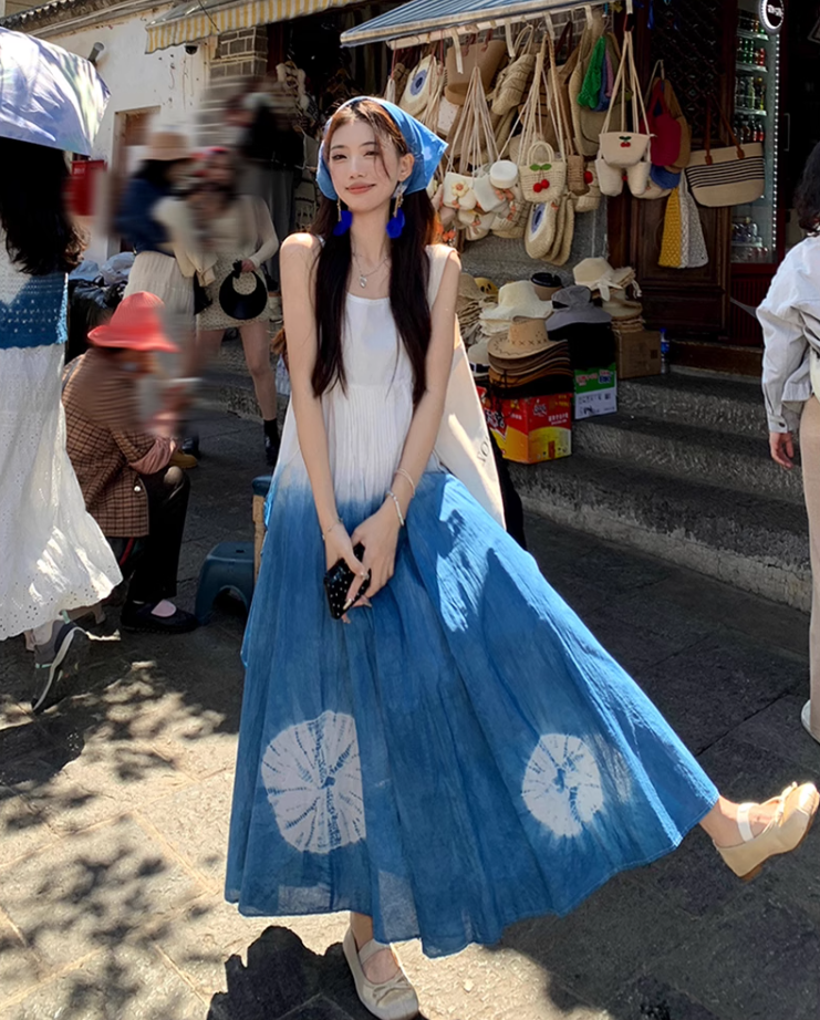 Fairy ruffle blue tie-dye color matching long skirt travel wear suspender dress R1712
