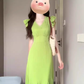 French retro green small flying sleeve dress high-end v-neck temperament step by step lotus fishtail skirt R0451