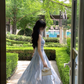 French style blue floral 3D lace waist dress R4295