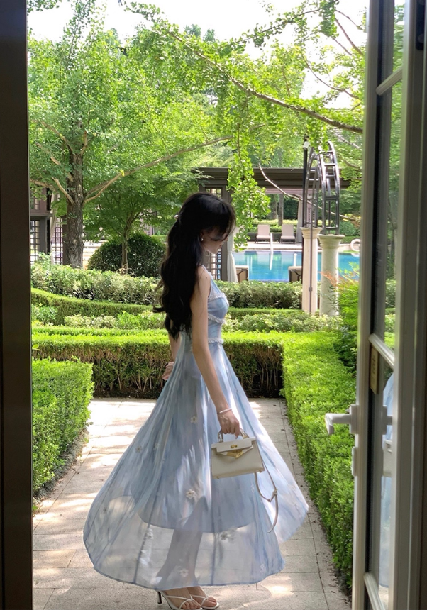 French style blue floral 3D lace waist dress R4295