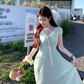 Green long v-neck short-sleeved dress women's summer loose slim temperament skirt R4832