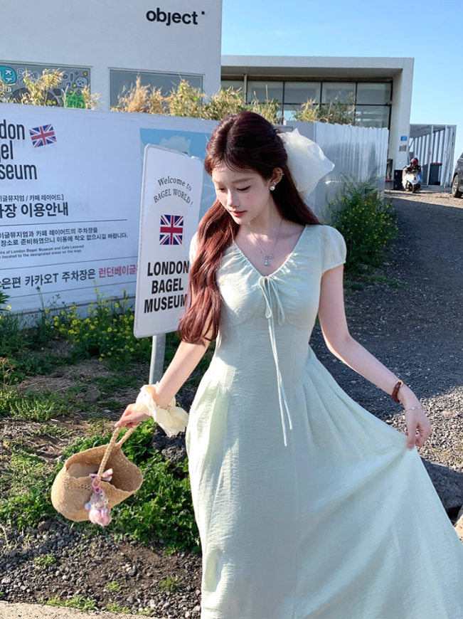 Green long v-neck short-sleeved dress women's summer loose slim temperament skirt R4832