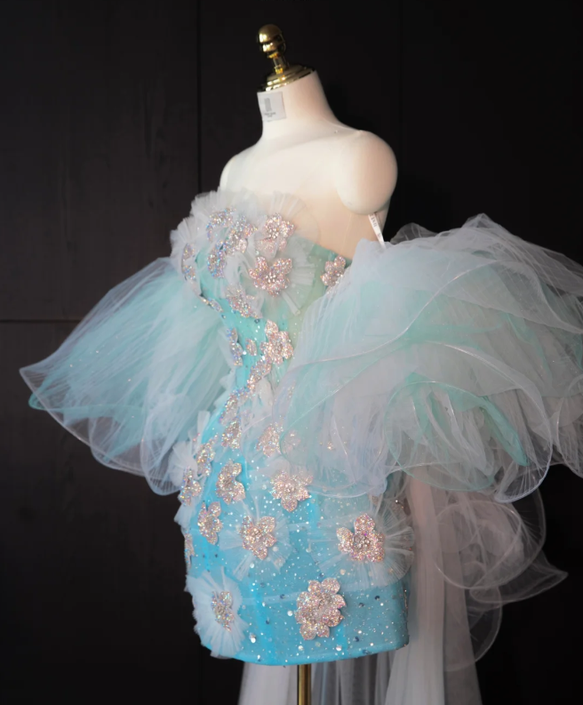 Lake blue gradient pink embroidered tube top waist slimming A-line short skirt homecoming dress R4163