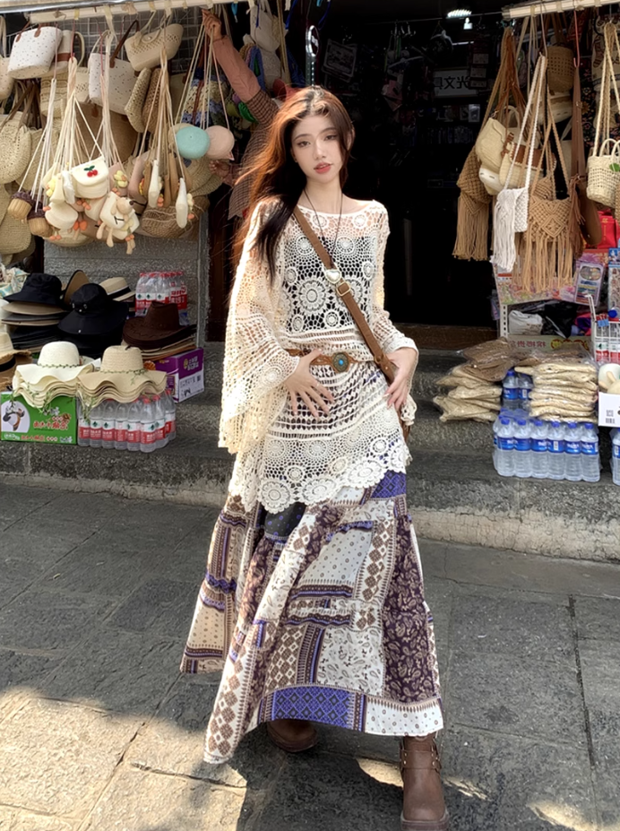 Fairy ethnic style wear hollow knitted lace cardigan floral skirt two-piece suit R1717