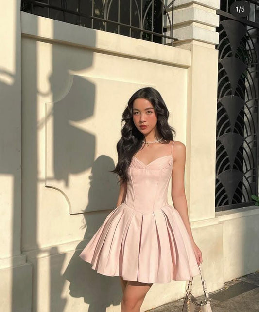 Pink suspenders low-cut sexy waist slim princess skirt homecoming dress R3705