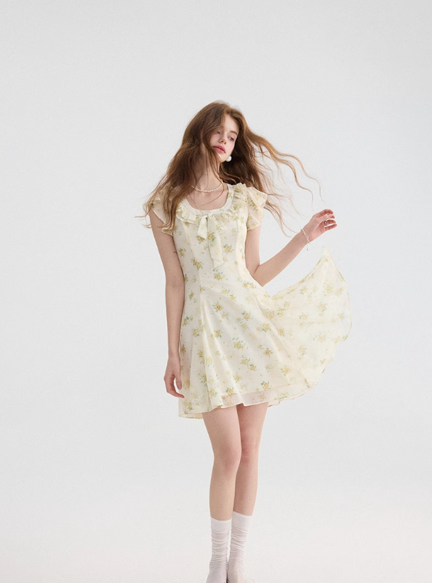 French tea break style floral dress ruffled short skirt R2701