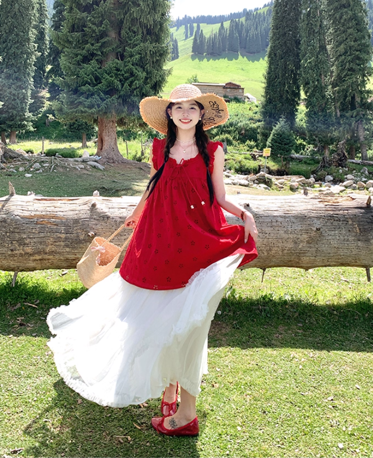 Red mid-length hollow loose suspender dress mesh skirt summer French holiday style skirt R4577