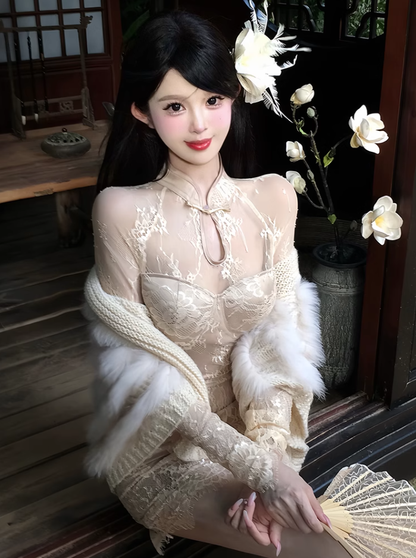 New Chinese style buttoned lace long-sleeved dress 2025 pure waist hip skirt R1309