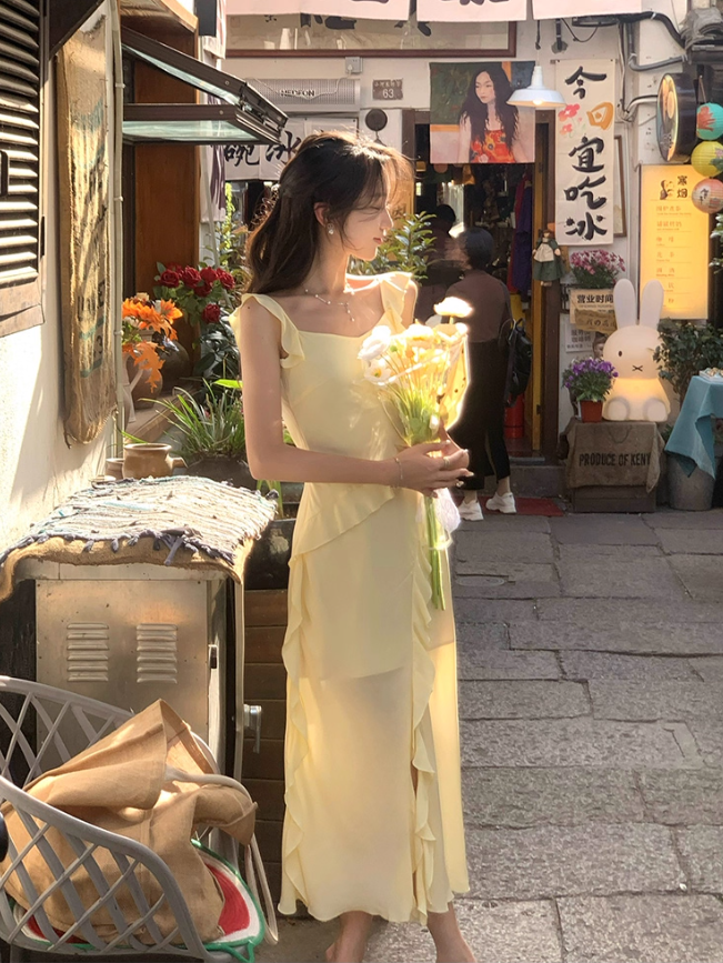Beautiful yellow dress new model irregular ruffle unique beautiful temperament long skirt R4214