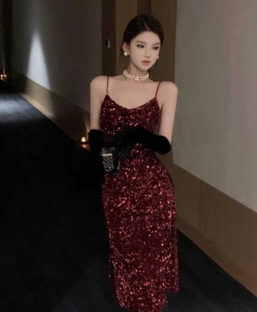 Retro wine red V-neck sequined glittering sling dress party holiday dress R1510