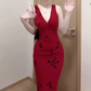 Retro V-neck red suspender dress sexy waist temperament hip fishtail long skirt R0712